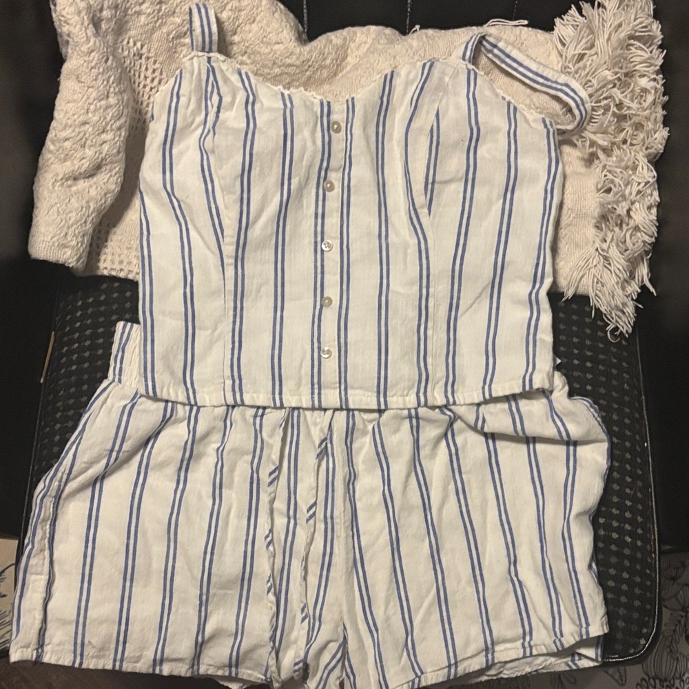 Abercrombie & Fitch White Romper with Blue Stripes